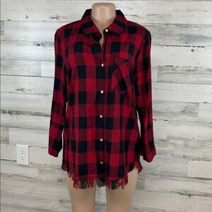 Karyn Seo Buffalo Plaid Button Down Fringe Trim Women’s Size Large Red Black